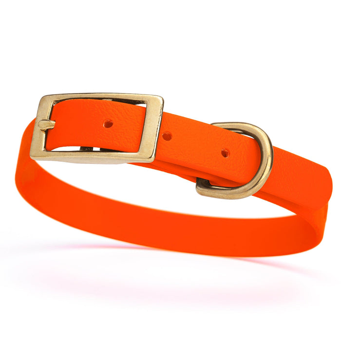 Hunter Orange dog collar for small dogs with brass hardware, 5/8 inch wide, adjustable, made from Biothane 