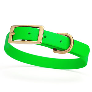 Tropical Green dog collar for small dogs with brass hardware, 5/8 inch wide, adjustable, made from Biothane 