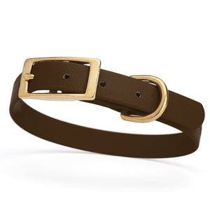 Dark Chocolate Brown dog collar for small dogs with brass hardware, 5/8 inch wide, adjustable, made from Biothane 