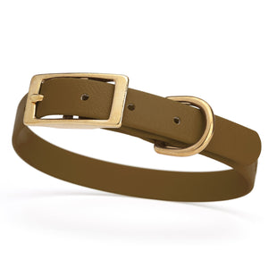 Coyote Brown dog collar for small dogs with brass hardware, 5/8 inch wide, adjustable, made from Biothane 