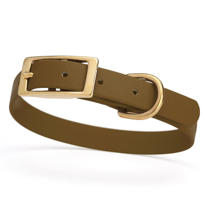 Coyote Brown dog collar for small dogs with brass hardware, 5/8 inch wide, adjustable, made from Biothane 