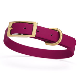 Magenta Pink dog collar for small dogs with brass hardware, 5/8 inch wide, adjustable, made from Biothane 