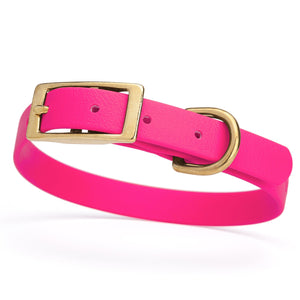 Passionfruit Pink dog collar for small dogs with brass hardware, 5/8 inch wide, adjustable, made from Biothane 