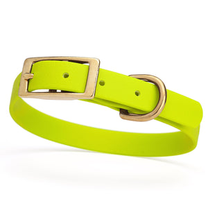 Safety Yellow dog collar for small dogs with brass hardware, 5/8 inch wide, adjustable, made from Biothane 