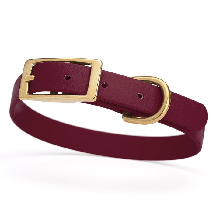 Merlot Burgundy dog collar for small dogs with brass hardware, 5/8 inch wide, adjustable, made from Biothane 