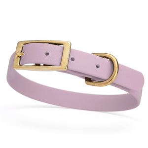 Pastel Purple dog collar for small dogs with brass hardware, 5/8 inch wide, adjustable, made from Biothane 
