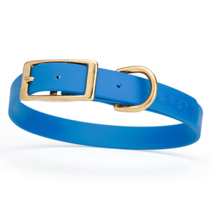 Waterproof Biothane dog collar for medium dogs with brass hardware, 3/4 inch wide, Cerulean Blue 