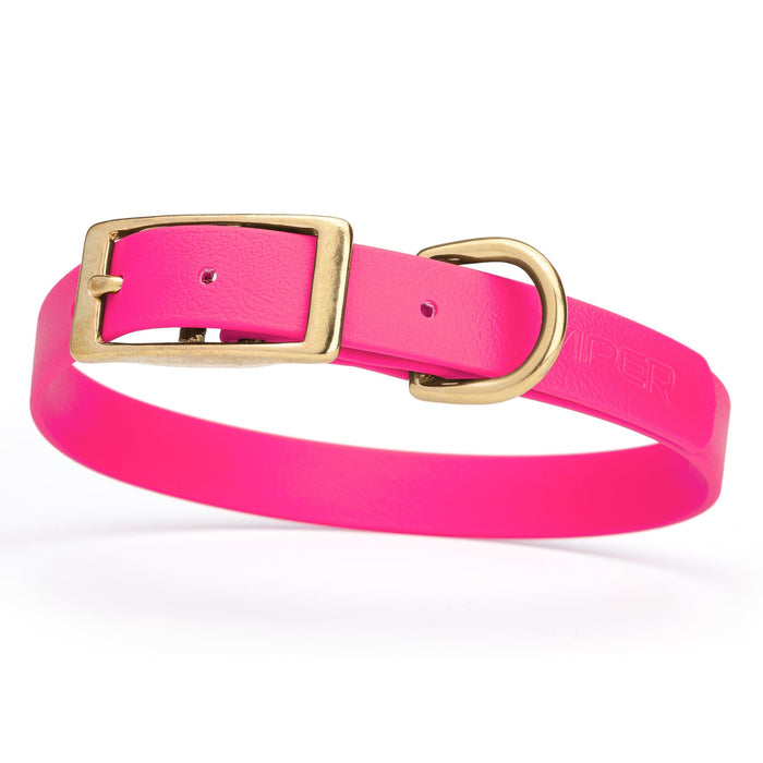 Waterproof Biothane dog collar for medium dogs with brass hardware, 3/4 inch wide, Passionfruit Pink