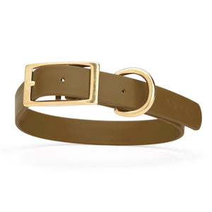 Coyote Brown Biothane dog collar for large dogs, brass buckle and D-ring, 1 inch wide, adjustable