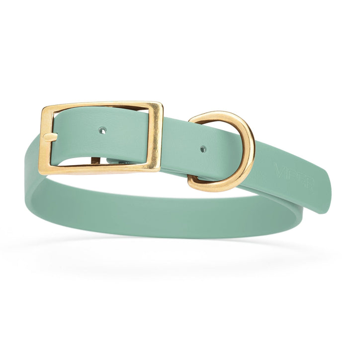 Sage Green dog collar with brass buckle and D-ring, made from waterproof Biothane, 1-inch wide, fits medium and large dogs