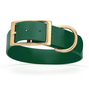 Waterproof dog collar for giant breeds, brass hardware, 1.5 inches wide, made from Biothane, Hunter Green