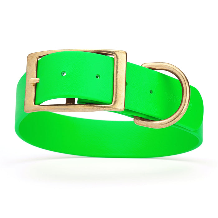 Waterproof dog collar for giant breeds, brass hardware, 1.5 inches wide, made from Biothane, Tropical Green