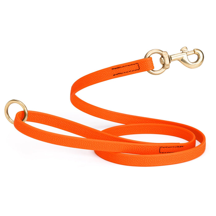 5 ft Hunter Orange Biothane dog leash with super grip pebbled coating and brass hardware