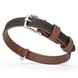 Black and brown leather dog collar with metal buckle, 5/8 inch width