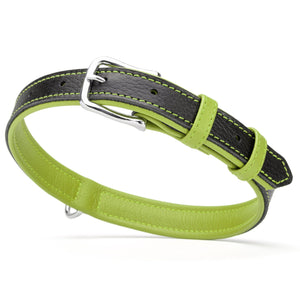 Black and green leather dog collar with metal buckle and D-ring, 1 inch width