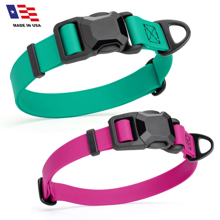 Biothane dog collars with magnetic buckle and metal D-ring, 3/4" and 1" widths available, made in the USA