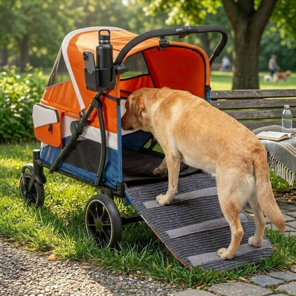 Senior dog using a stroller with a walk-up ramp