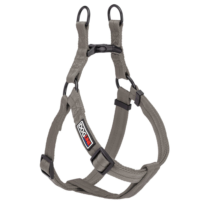 Gray step-in dog harness with quick release buckle, made from nylon, medium and large size