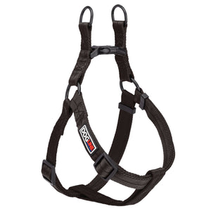 Black step-in dog harness with quick release buckle, made from nylon, medium and large size