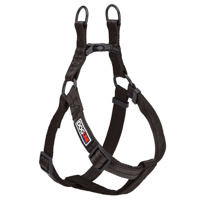 Black step-in dog harness with quick release buckle, made from nylon, medium and large size