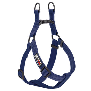 Navy step-in dog harness with quick release buckle, made from nylon, medium and large size