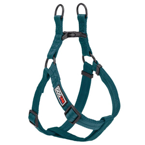 Dark teal step-in dog harness with quick release buckle, made from nylon, medium and large size