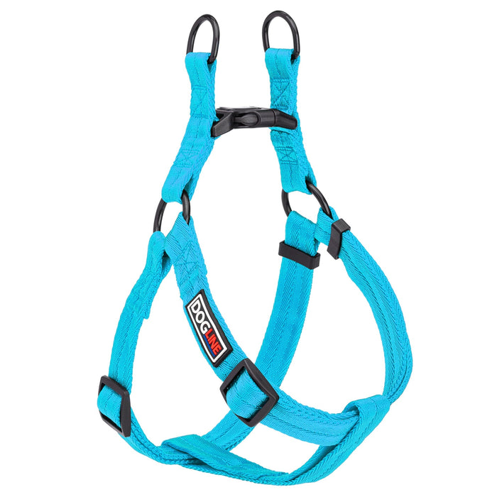 Blue step-in dog harness with quick release buckle, made from nylon, medium and large size