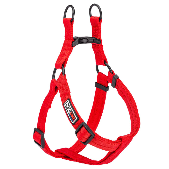 Red step-in dog harness with quick release buckle, made from nylon, medium and large size