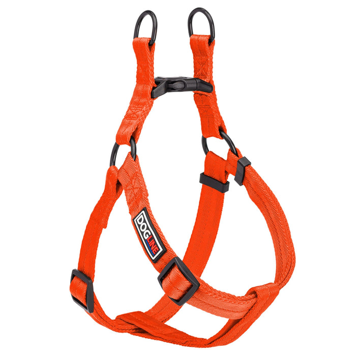 Orange step-in dog harness with quick release buckle, made from nylon, medium and large size