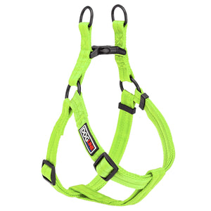 Lime green step-in dog harness with quick release buckle, made from nylon, medium and large size