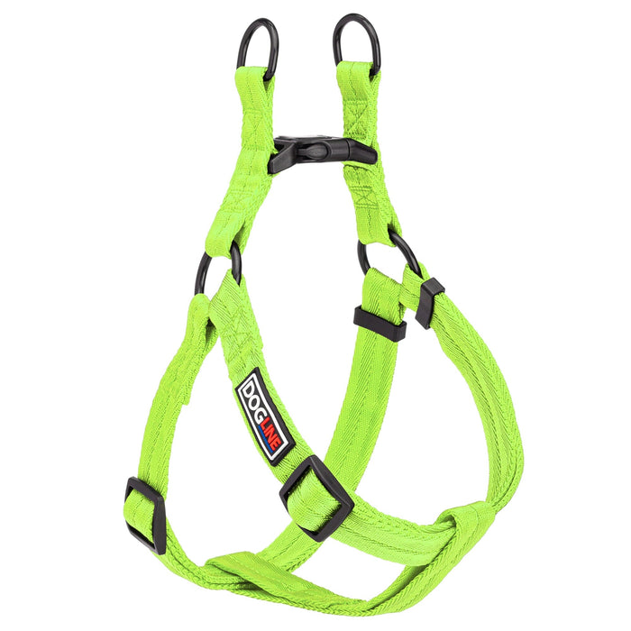 Lime green step-in dog harness with quick release buckle, made from nylon, medium and large size