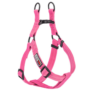 Pink step-in dog harness with quick release buckle, made from nylon, medium and large size