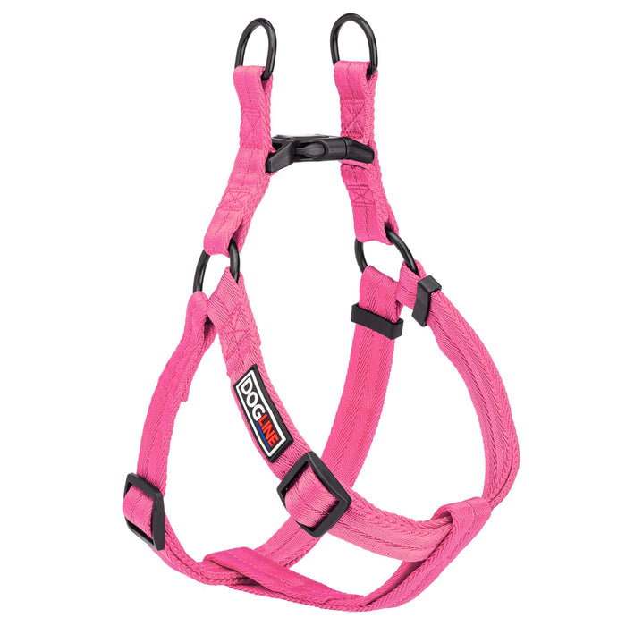 Pink step-in dog harness with quick release buckle, made from nylon, medium and large size