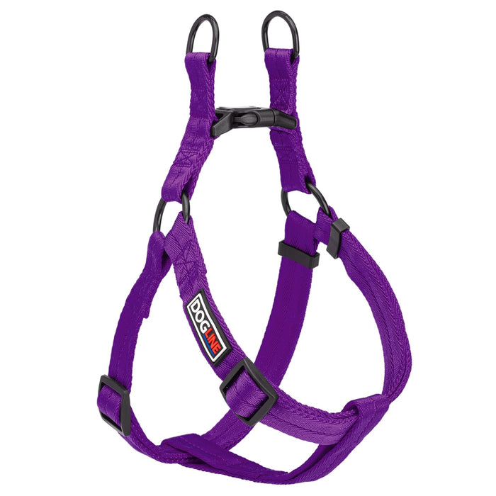 Purple step-in dog harness with quick release buckle, made from nylon, medium and large size