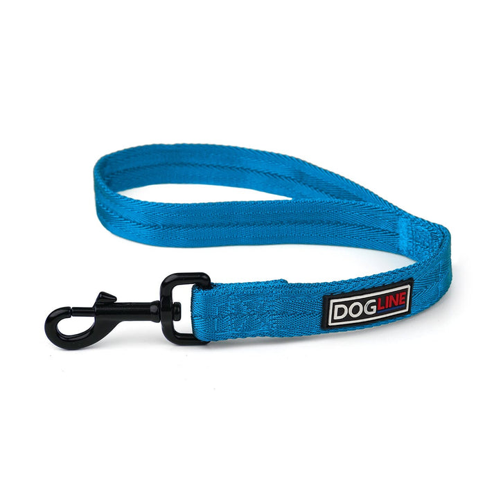 Cyan blue nylon traffic lead for dogs with black swivel snap, 18in long