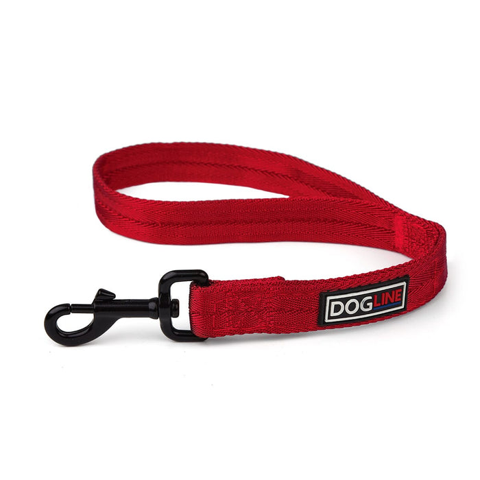 Red nylon traffic lead for dogs with black swivel snap, 18in long