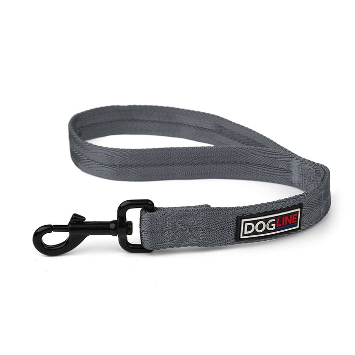 Gray nylon traffic lead for dogs with black swivel snap, 18in long