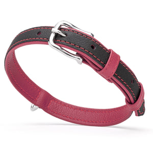 Black and pink leather collar with metal hardware, 3/4 inch width