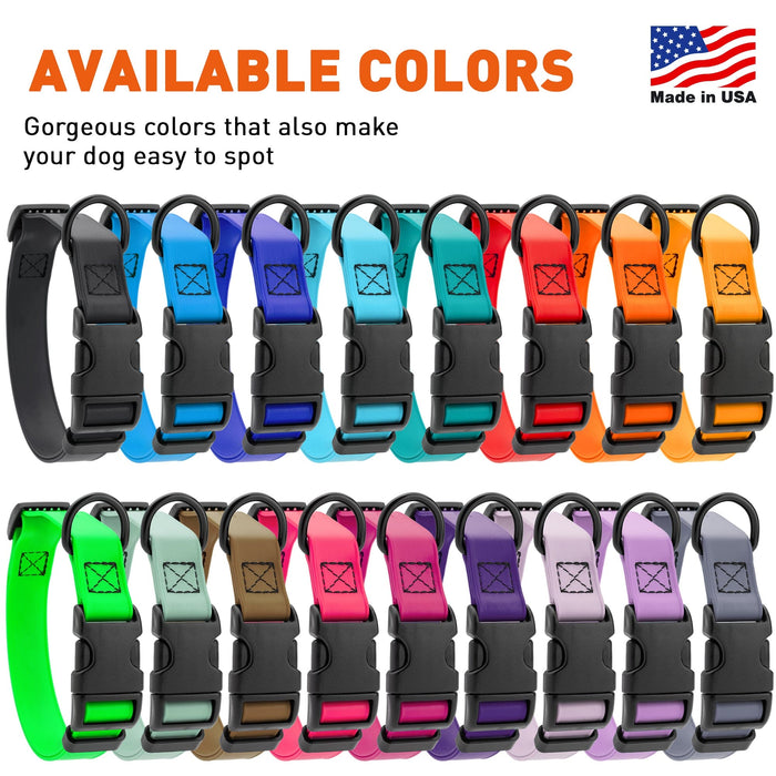Biothane waterproof collars for dogs with black quick release buckle and metal D-ring, adjustable, 17 color options