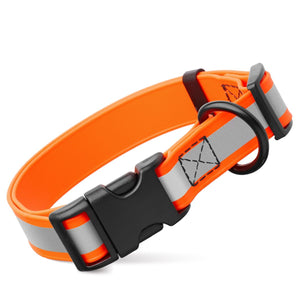Orange reflective dog collar with plastic quick release buckle, made from waterproof Biothane, 1 inch wide