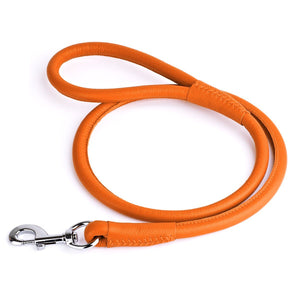 Orange leather dog leash with metal swivel clip, rolled design, 1/2 inches wide