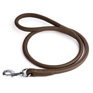 Dark brown leather dog leash with metal swivel clip, rolled design, 1/2 inches wide