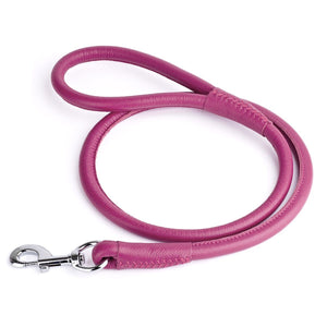 Pink leather dog leash with metal swivel clip, rolled design, 1/2 inches wide