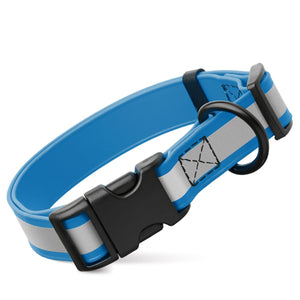 Blue reflective dog collar with plastic quick release buckle, made from waterproof Biothane, 1 inch wide