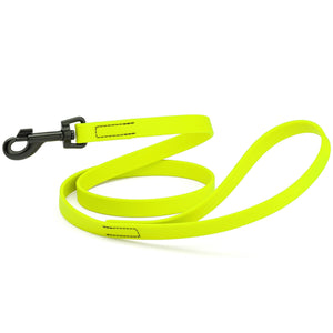 Safety yellow dog leash with black swivel clip, made from waterproof Biothane, 6 feet long, 3/4 or 5/8 inches wide