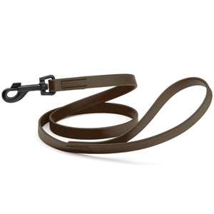 Dark chocolate brown dog leash with black swivel clip, made from waterproof Biothane, 6 feet long, 3/4 or 5/8 inches wide