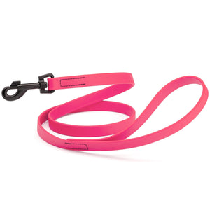 Passionfruit pink dog leash with black swivel clip, made from waterproof Biothane, 6 feet long, 3/4 or 5/8 inches wide
