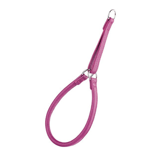 Pink leather martingale dog collar with metal hardware, round design