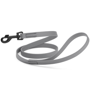Battleship gray dog leash with black swivel clip, made from waterproof Biothane, 6 feet long, 3/4 or 5/8 inches wide