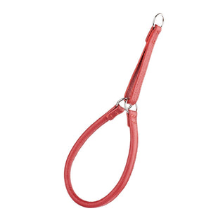 Red leather martingale dog collar with metal hardware, round design